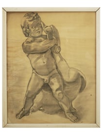VINTAGE CHARCOAL ON PAPER BOY WITH SWAN PAINTING