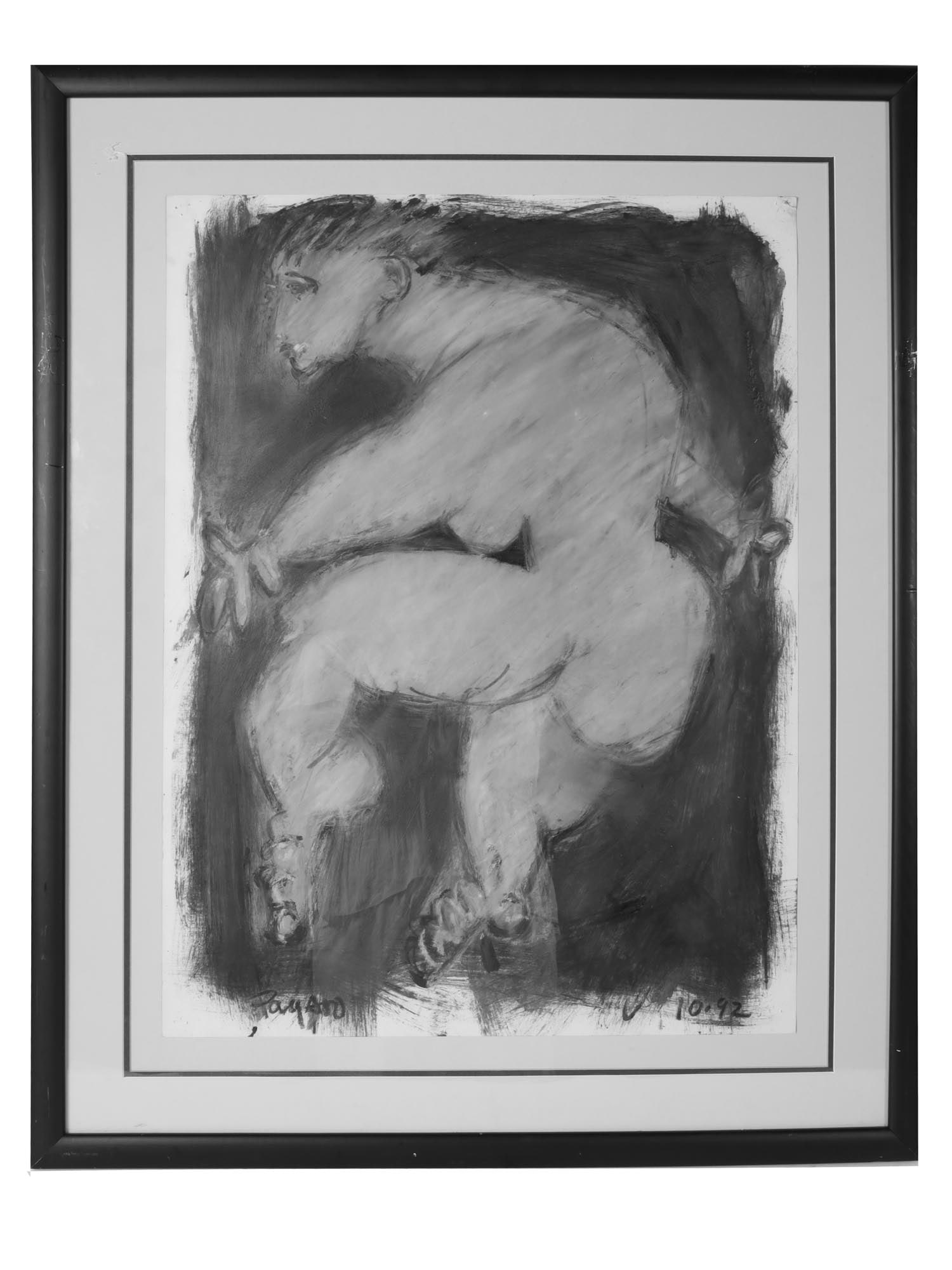 AMERICAN FIGURATIVE OIL PAINTING BY JOHN PAGANO: John Pagano, American Contemporary artist, oil painting on paper depicting a composition in the Figurative manner, 1992. Signed lower left. Dated lower right. Framed. John Pagano is a 20th and 21st ce