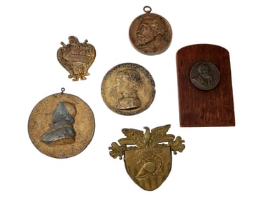 COLLECTION OF BRONZE PLAQUES AND WOODEN ADS