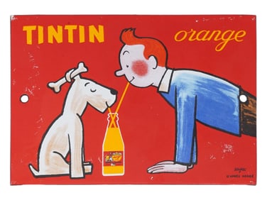 VINTAGE TINTIN ORANGE ENAMEL SIGN RAYMOND SAVIGNAC