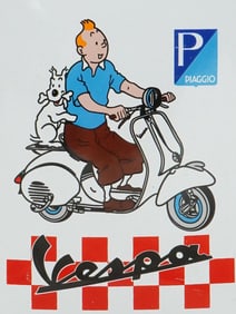 VINTAGE VESPA PIAGGIO TINTIN ENAMEL TIN METAL SIGN
