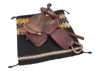 COWBOY LEATHER SADDLE AND HAND WOVEN BLANKET
