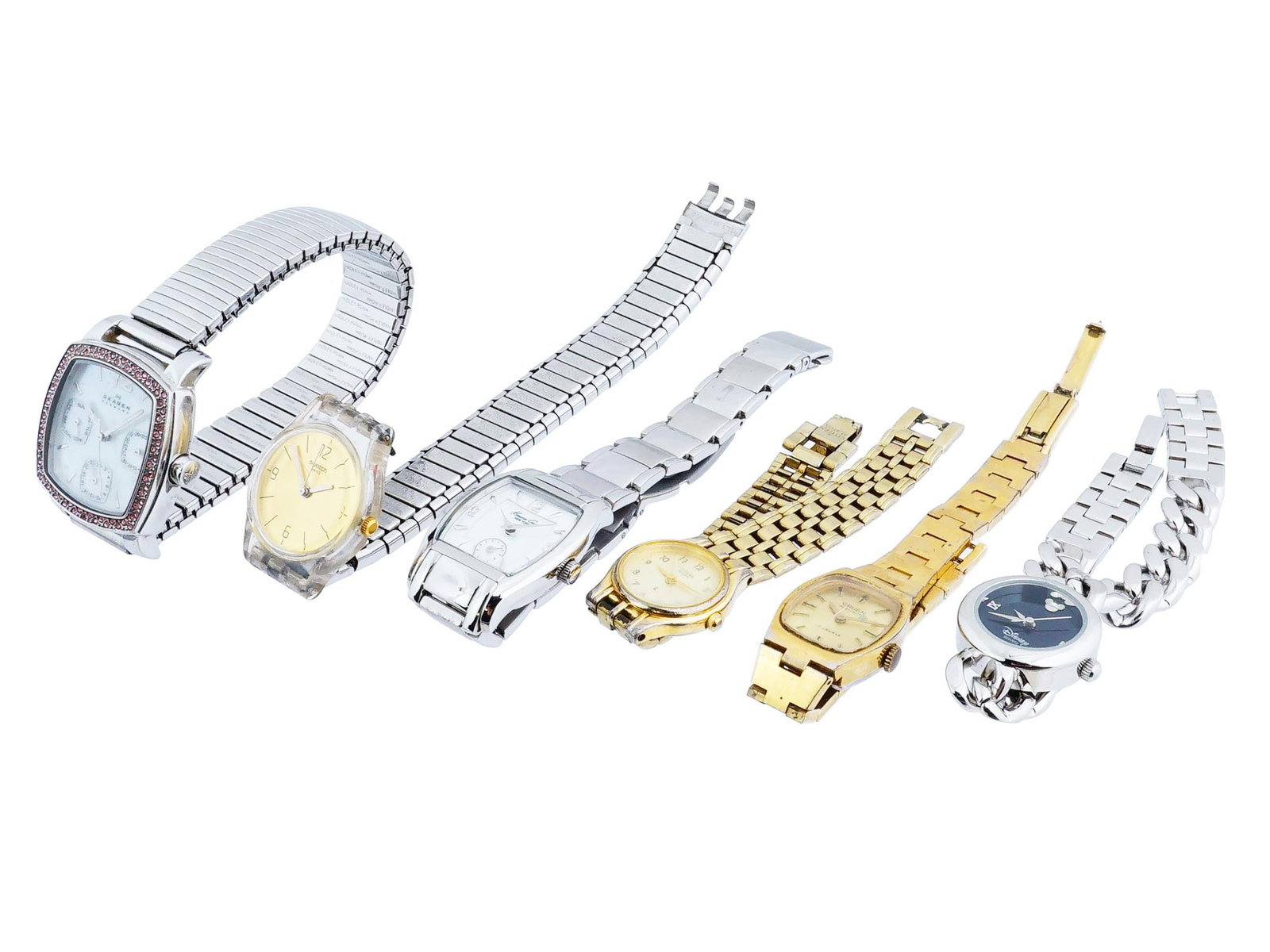 LOT OF ASSORTED SWATCH SKAGEN DISNEY WRIST WATCHES: A collection of six assorted wrist watches with chain bracelets. The collection includes Swatch; Kenneth Cole New York Japan Movement All Stainless Steel Water Resistant, numbered KC 4497 A126 08; Ska