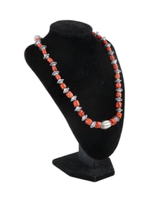 VINTAGE GENUINE RED CORAL AND SILVER BEAD NECKLACE