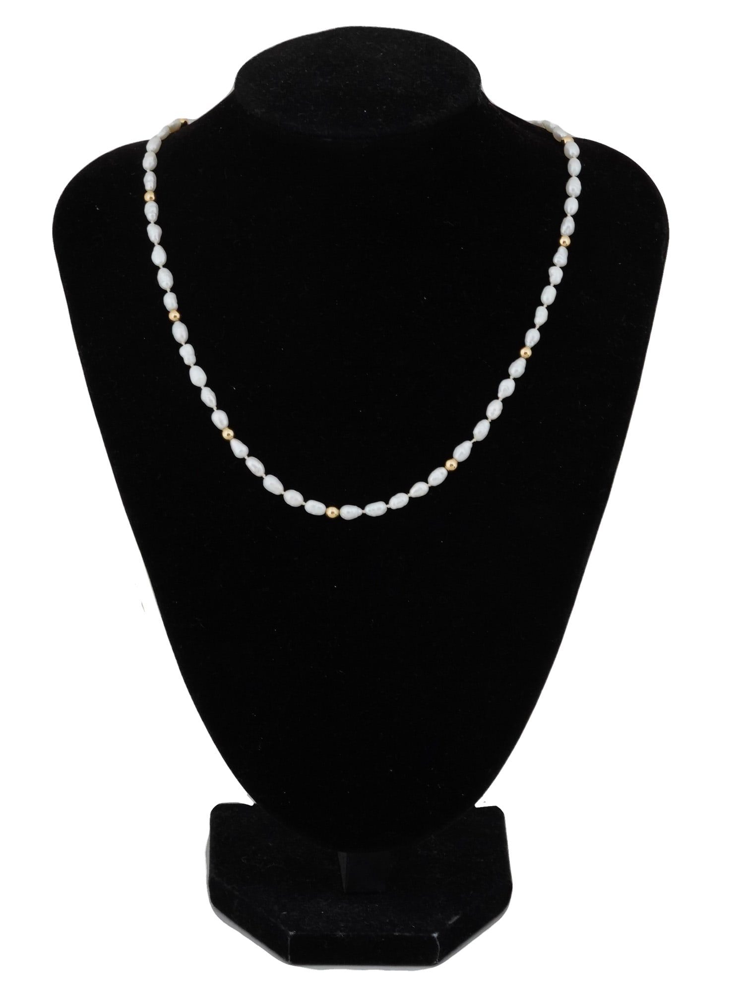 VINTAGE 14K GOLD BAROQUE PEARL NECKLACE: A vintage 14K gold Baroque pearl necklace. Small gold beads are interspersed evenly along the length of the pearl strand. The necklace is finished with a 14K gold clasp. Marked: 14K. Vintage Fashionab