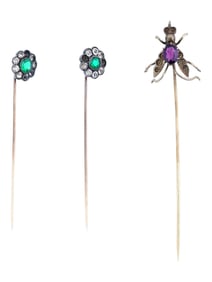 GROUP OF THREE VINTAGE GEMSTONE FLOWER AND FLY PINS