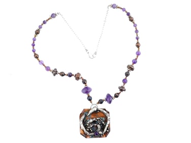 VINTAGE BRUTALIST SILVER AMETHYST PENDANT NECKLACE