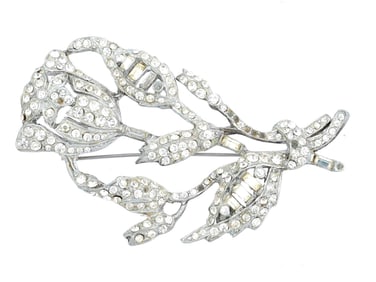 VINTAGE COSTUME JEWELRY FLOWER BROOCH W RHINESTONES