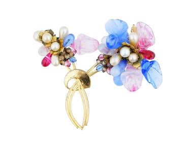 LEO GLASS BEADS FLORAL DESIGN COSTUME JEWELRY BROOCH