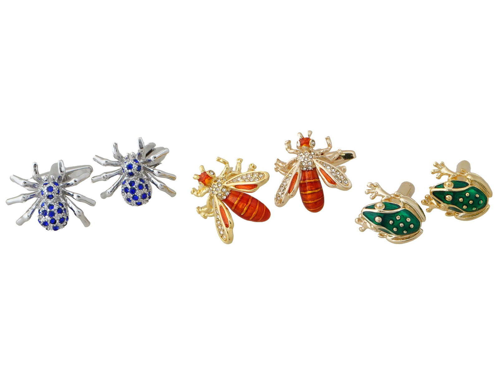 THREE PAIRS OF COSTUME JEWELRY MENS CUFFLINKS: A lot of three pairs of costume jewelry mens cufflinks. The lot includes cufflinks in the shape of spiders, bees and frogs, covered with enamel and set with cubic zirconia. Vintage and Modern Costume