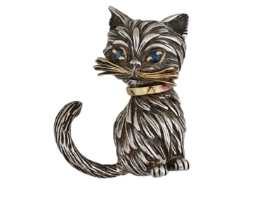 VINTAGE STERLING SILVER GEMSTONE CAT BROOCH