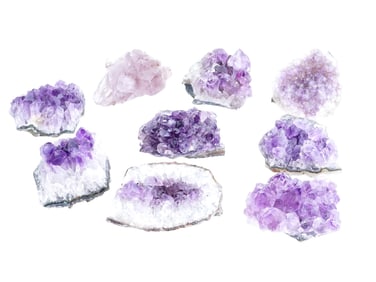 COLLECTION OF NINE ASSORTED GEODE AMETHYST GEMSTONES
