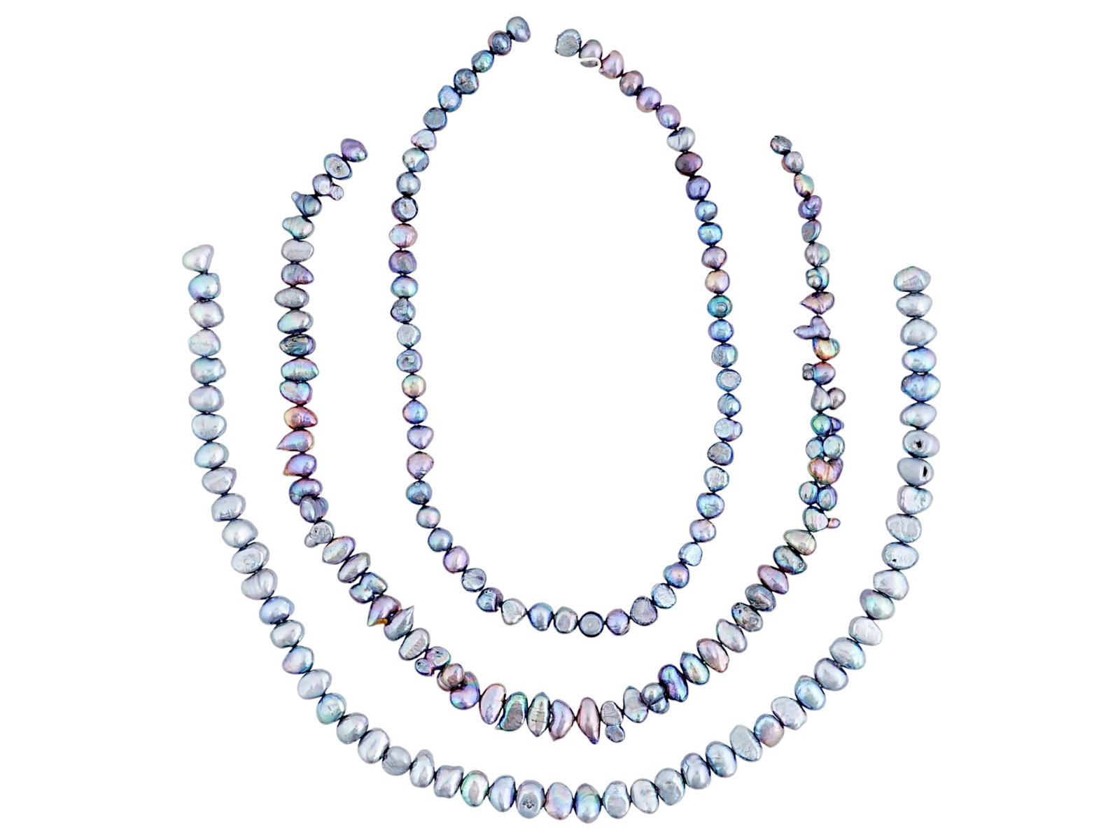 COLLECTION OF BAROQUE PEARLS STRUNG INTO NECKLACES: A collection of multicolored iridescent baroque pearls showcasing their unique, organic shapes and lustrous surfaces. Pearls are strung together and feature three necklaces. Natural Pearls And Classic