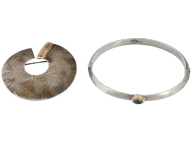 VINTAGE ST SILVER AND GOLD BROOCH AND BANGLE BRACELET