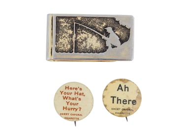 VINTAGE AMERICAN MONEY HOLDER AND TWO PIN BUTTONS