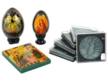 RUSSIAN ORTHODOX EASTER EGGS AND COMMEMORATIVE MEDALS