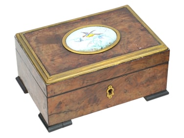 WOODEN JEWELRY BOX WITH HAND PAINTED PORCELAIN PLAQUE