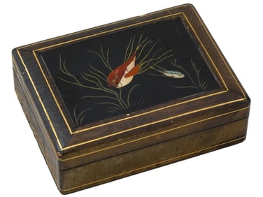 MID CEN ITALIAN FISH PIETRA DURA MOSAIC LEATHER BOX