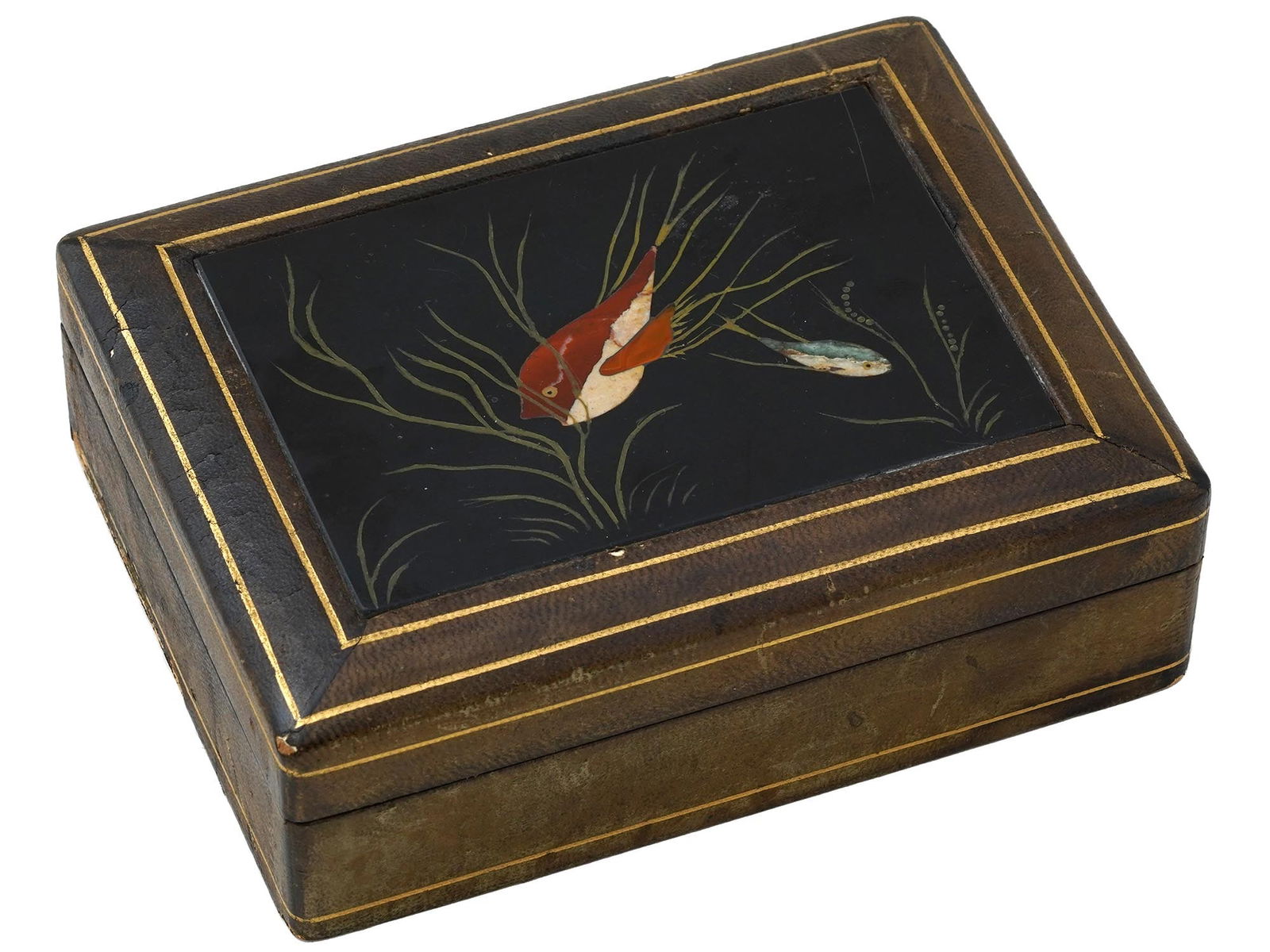 MID CEN ITALIAN FISH PIETRA DURA MOSAIC LEATHER BOX (1 of 7)