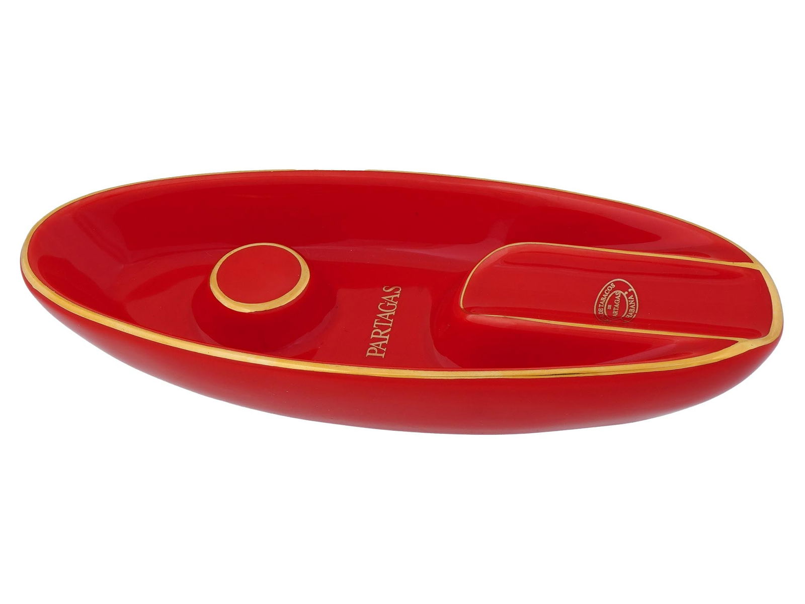 VINTAGE OVAL SINGLE CALIBER CIGAR ASHTRAY BY PARTAGAS: A vintage oval shaped single caliber cigar ashtray by Partagas features a red color with gold colored rims with logo in the center. Vintage Ashtrays And Tobacciana Collectibles. Dimensions: 6 x 2 1/2