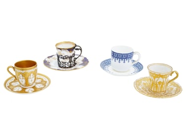 ANTIQUE EUROPEAN PORCELAIN CUPS WITH SAUCERS 19C