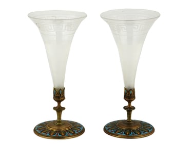 PAIR OF ANTIQUE 19TH C FRENCH ENAMEL WINE GLASSES