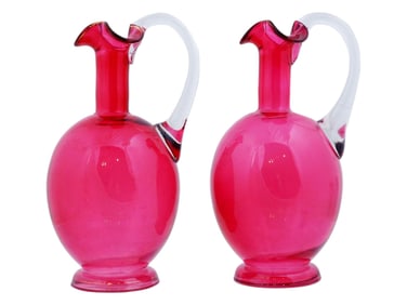 PAIR OF VINTAGE CRANBERRY ART GLASS DECANTERS