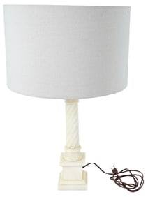 VINTAGE WHITE ALABASTER AND LINEN COLUMN TABLE LAMP