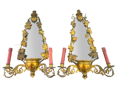 ANTIQUE GILT BRASS MIRRORED ELECTRICAL WALL SCONCES