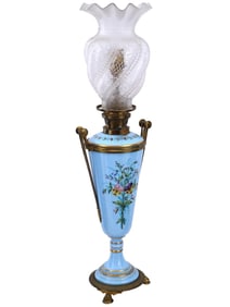 ANTIQUE GERMAN BRASS PORCELAIN GLASS TABLE LAMP