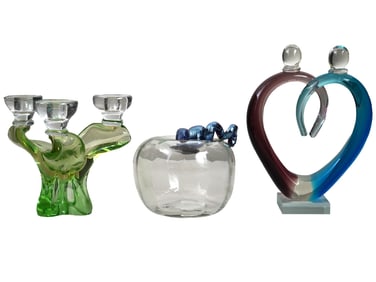 MURANO GLASS CANDELABRA AND TWO FIGURINES