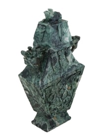 ANTIQUE ASIAN CARVED GREEN JADE INCENSE VASE WITH LID