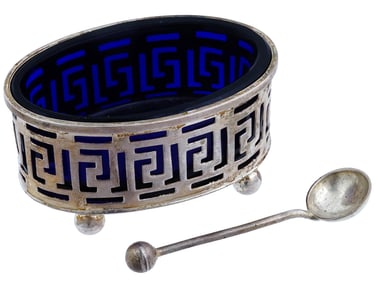 ANTIQUE ENGLISH SILVER SALT CELLAR AND SPOON SET