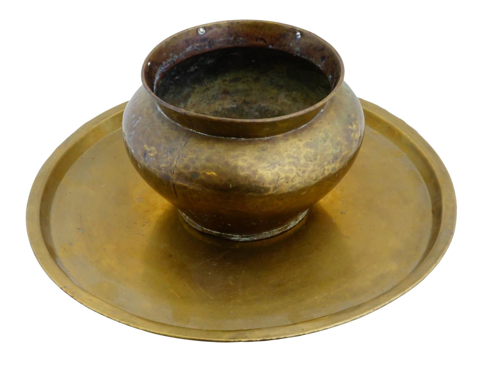 IMPERIAL RUSSIAN TULA BRASS SERVING TRAY AND JAR: A pair of Imperial Russian brass serveware pieces. Late 19th century. A serving tray and a hammered jar. Each piece has an embossed hallmark on the bottom, Tula factory. Collectible Tableware And Russ