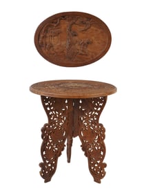 INDIAN WOODEN TABLE AND ANTIQUE RELIGIOUS PANEL