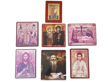GROUP OF SIX ORTHODOX ICONS AND IMAGE OF SERAPHIM ROSE