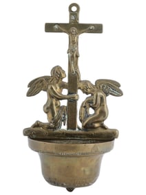 ANTIQUE BRASS HOLY WATER FONT ANGELS AND CRUCIFIX