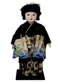 LARGE ANTIQUE JAPANESE ICHIMATSU DOLL WITH STAND