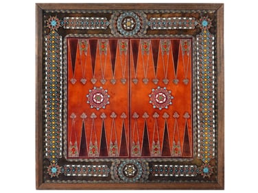 ORIENTAL MANNER PAINTED WOOD BACKGAMMON ART PIECE