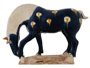 CHINESE SANCAI GLAZED BLUE POTTERY HORSE STATUE