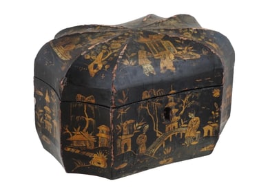 ANTIQUE CHINESE LACQUERED AND GILT TEA CADDY BOX