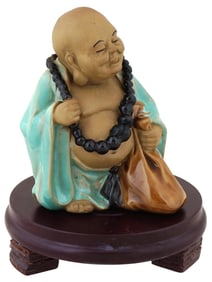 VINTAGE CHINESE GLAZED PORCELAIN BUDAI FIGURINE W STAND