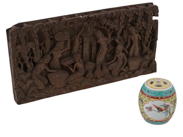 BALI WOOD PANEL AND CHINESE PORCELAIN GINGER JAR