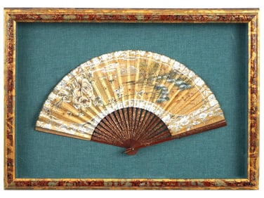 CHINESE FLORAL HAND PAINTED FAN WOODEN FRAME