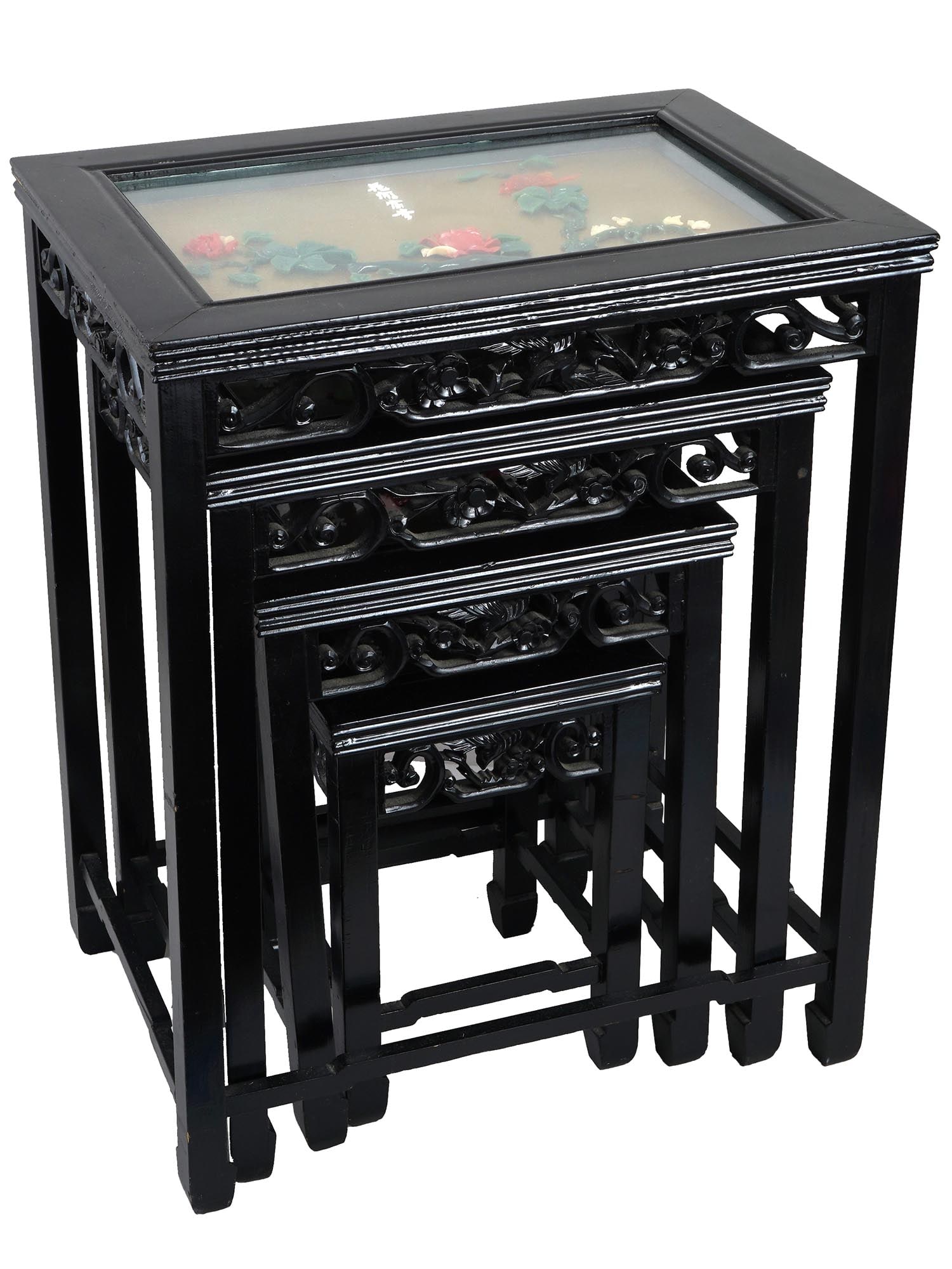 SET OF 4 VINTAGE CHINESE CARVED WOOD NESTING TABLES (1 of 8)