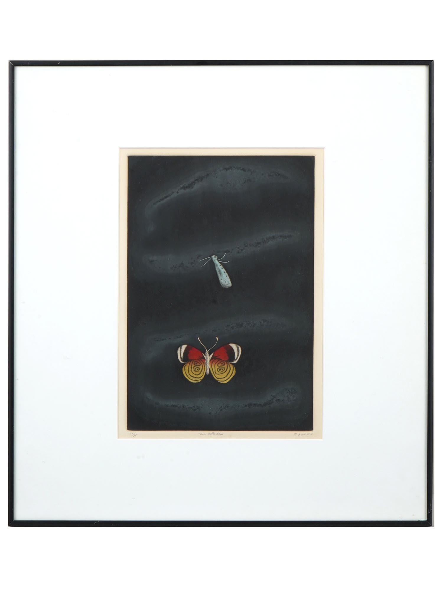 TOMOE YOKOI JAPANESE LTD ED COLORED MEZZOZINT: Colored mezzozint on paper by Tomoe Yokoi, born 1942, a Japanese artist and printmaker based in the US, student of S.W. Hayter. Yokois simple yet elegant imagery brilliantly glows from the darkened me