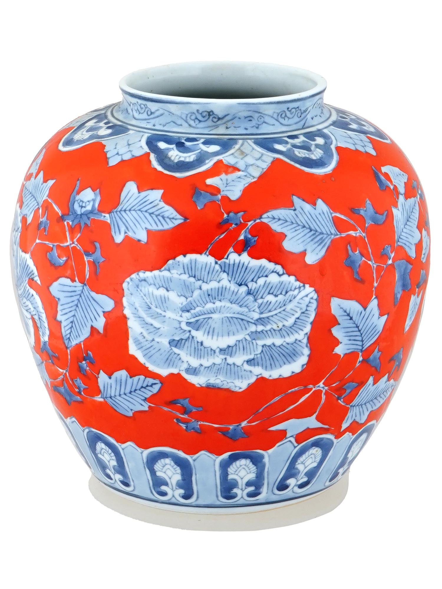 20TH C JAPANESE RED CERAMIC JAR W BLUE FLORAL DESIGN (1 of 6)