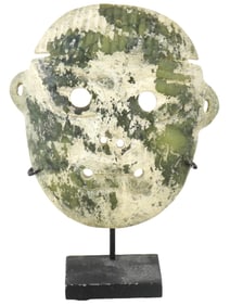 ANCIENT PRE COLUMBIAN GREEN JADE MASK ON STAND