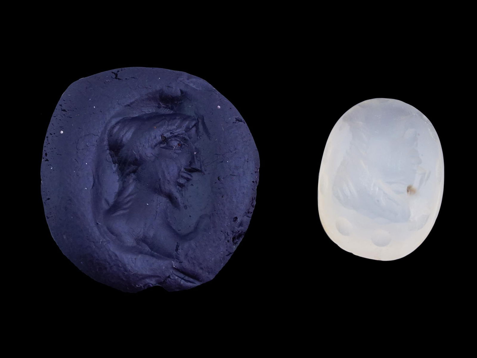 CARVED AGATE INTAGLIO WITH ANCIENT ROMAN PORTRAIT: A carved agate intaglio featuring a detailed ancient Roman depiction of female portrait from classical mythology. Such pieces were often used as personal seals, amulets, or jewelry. Roman Carvings And