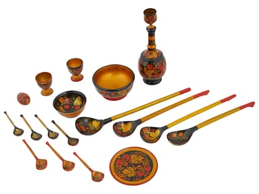 VINTAGE RUSSIAN TABLEWARE AND DRINKWARE KHOKHLOMA SET